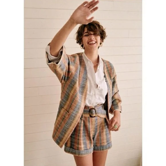 Sezane Jackets Coats Karena Jacket In Blue Brown Jacquard